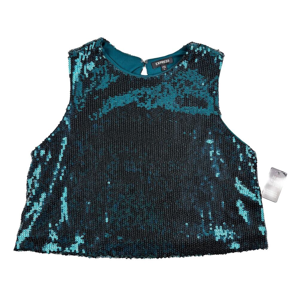 Express Sequin Crop Top NWT Women L Teal Green Sleeveless Party Holiday Glam